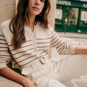 La Maille Sezane Leontine Striped Cotton Sweater Ecru Camel Small